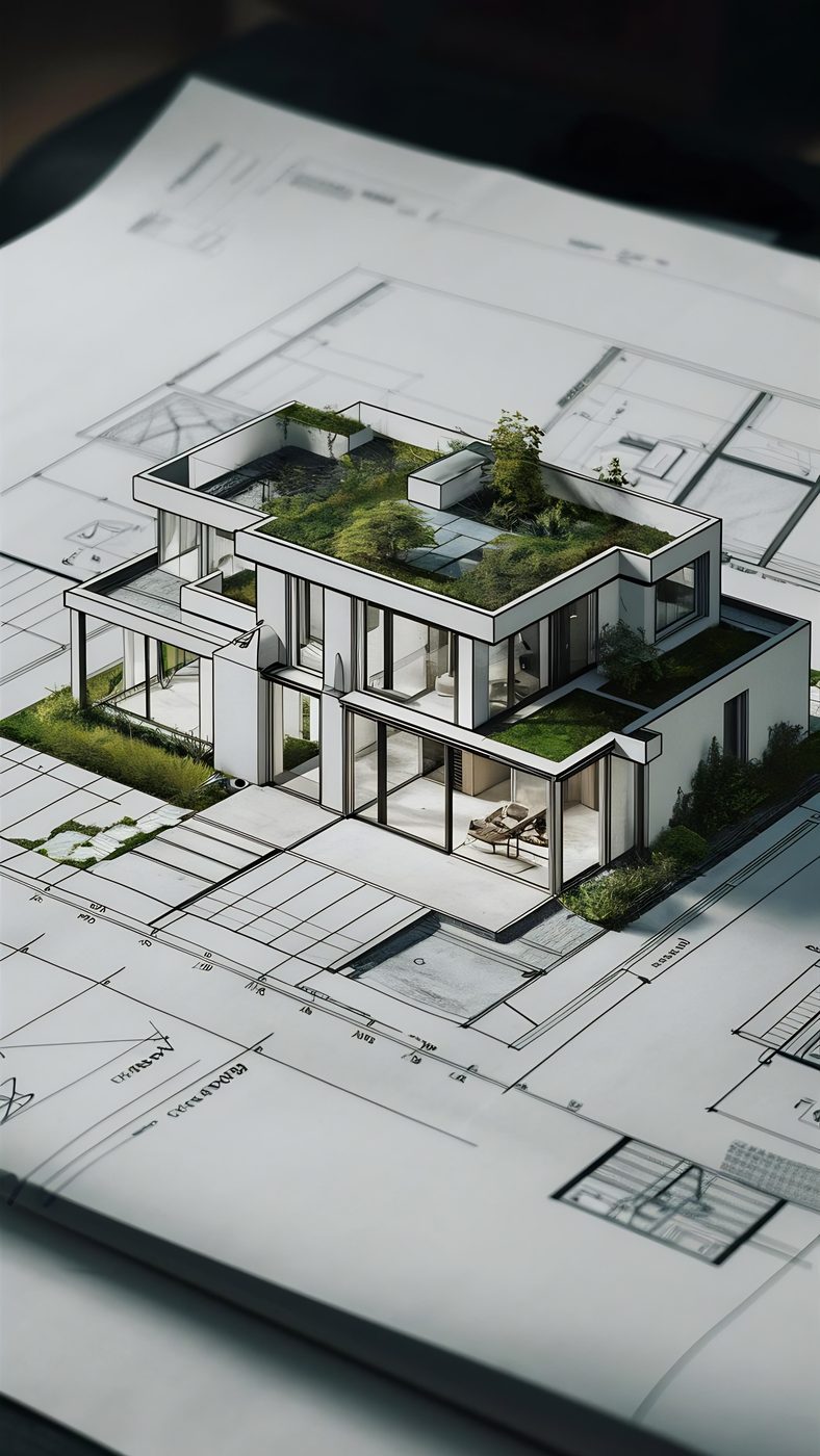Architektonický model moderního domu se zelenou střechou na projektových výkresech